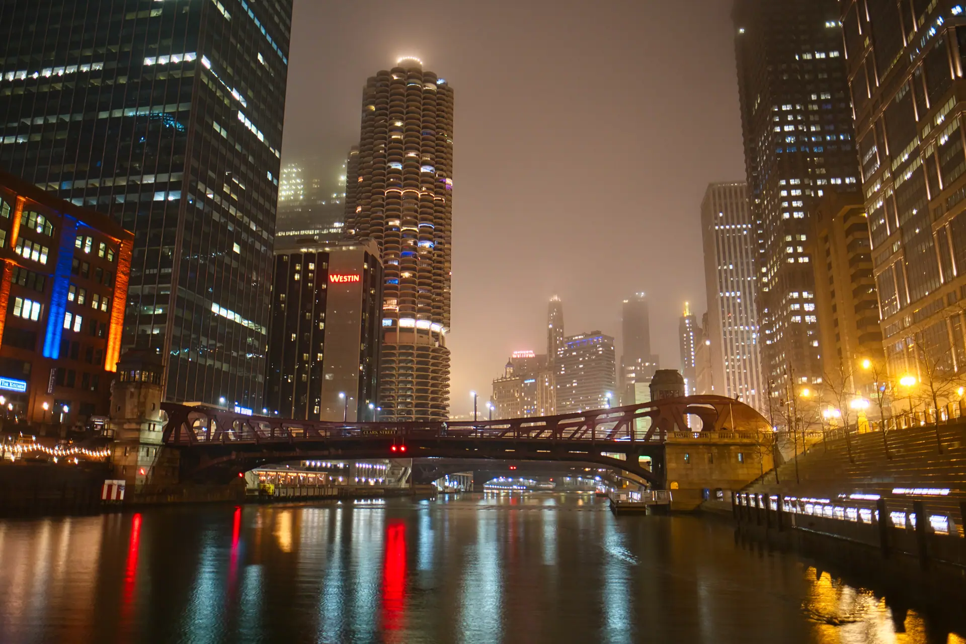 The Chicago River and Marina City on a rainy night