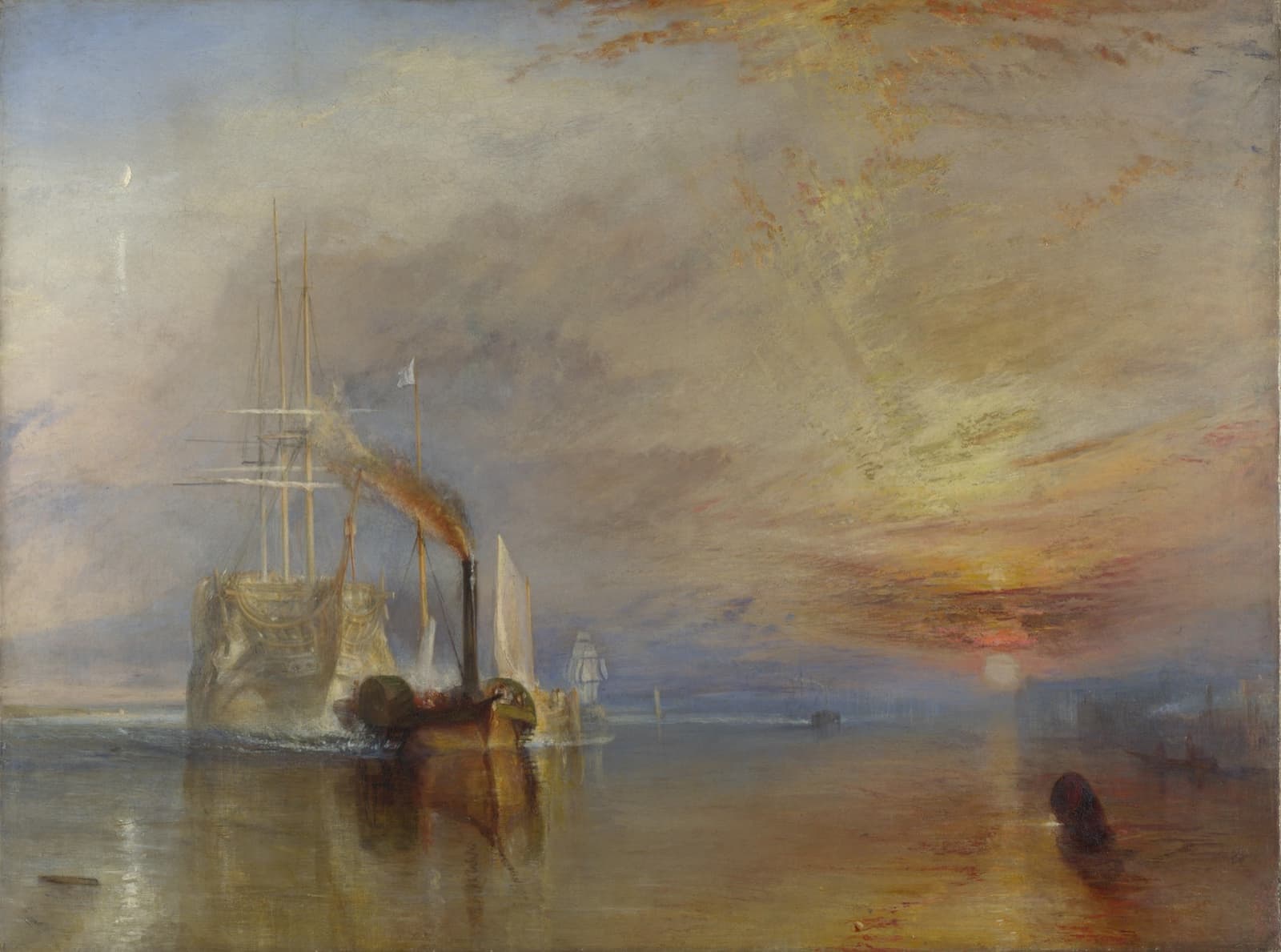 An old warship towed by a small steam tug against a blazing sunset