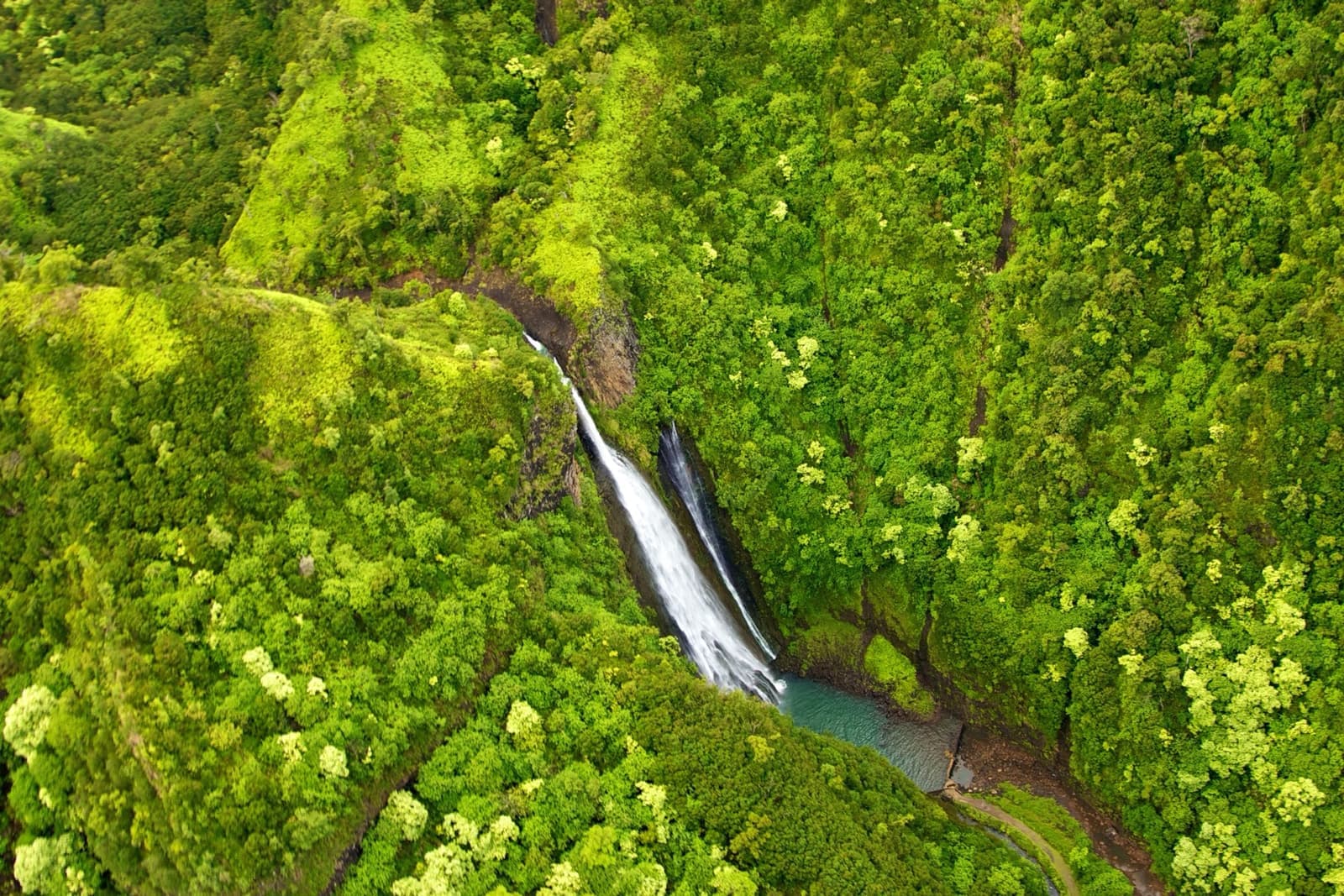 Aerial view of a tall waterfall cutting through dense green valley forest