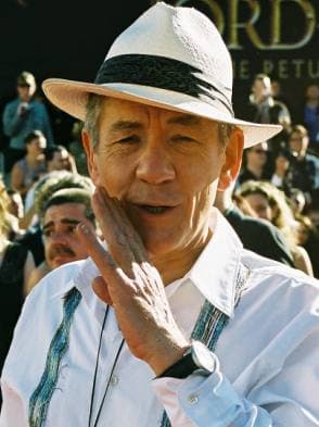 Ian McKellen in a white panama hat waves to a crowd