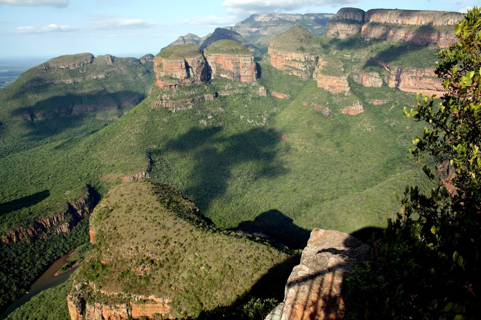 Round-topped rock towers above a deep green canyon