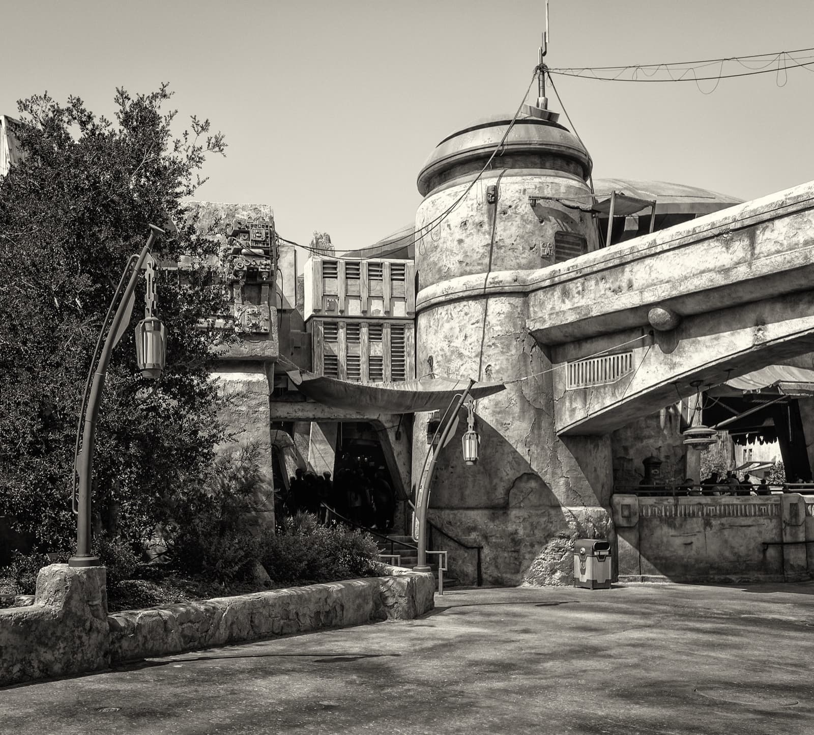 A curving street of weathered domed buildings and trees, in black and white