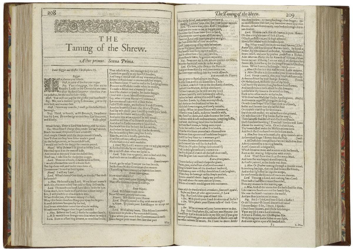 An open seventeenth-century book showing the title of The Taming of the Shrew
