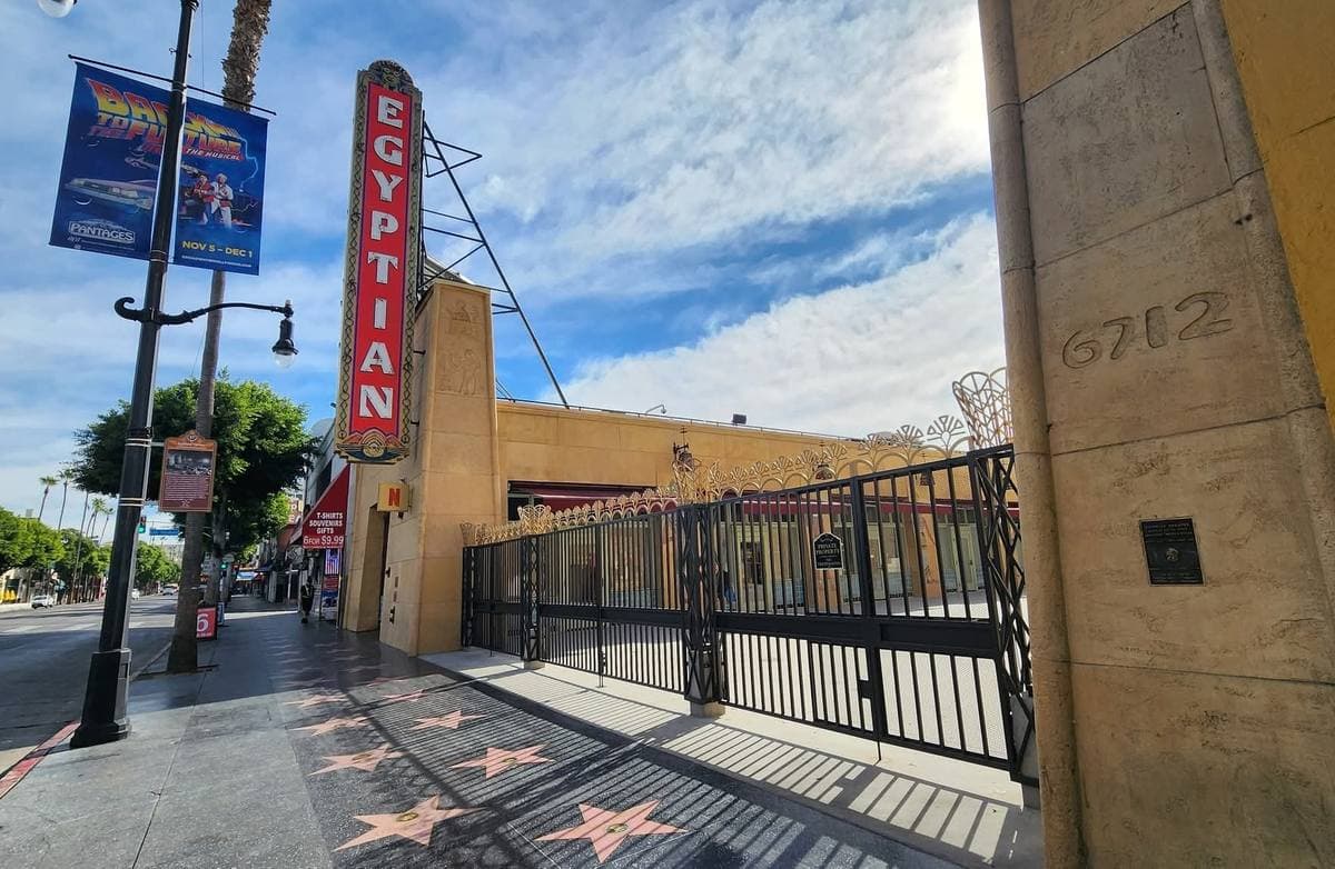 The Egyptian Theatre’s vertical sign and forecourt gates on Hollywood Boulevard