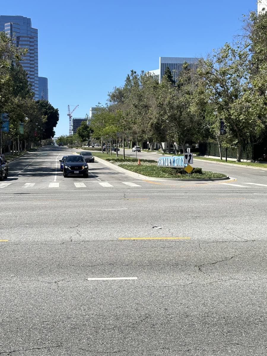 A wide boulevard with a planted median running towards office towers