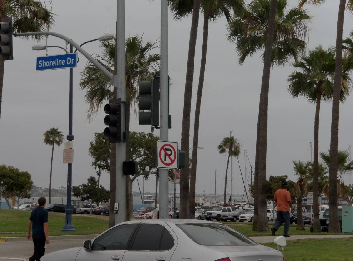 A street corner with a Shoreline Dr sign, palm trees and parked cars
