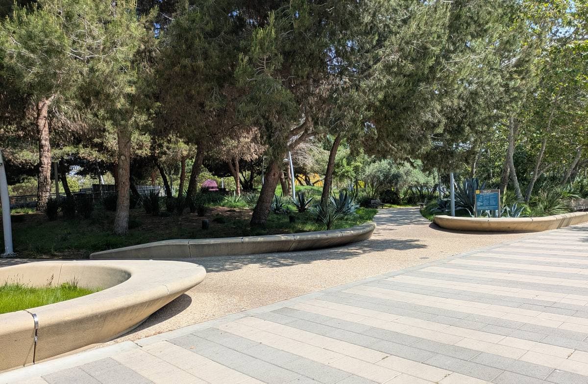 Curving pale paths and concrete benches among trees and planting