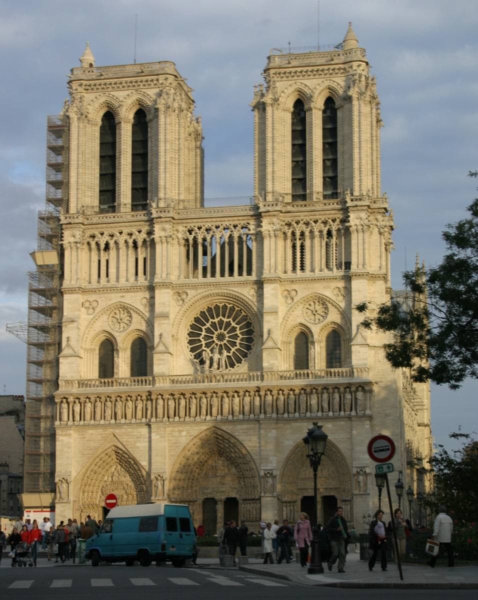 The twin towers and rose window of Notre-Dame on a sunny day