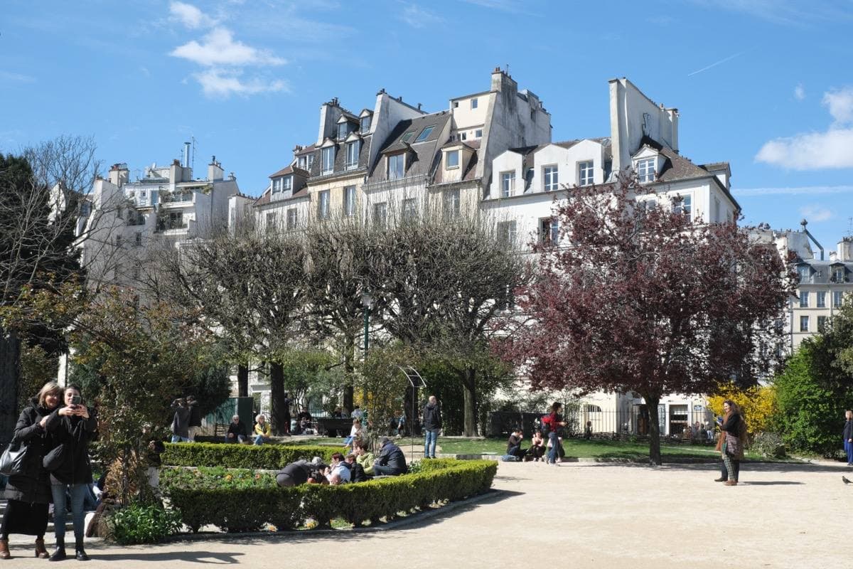 A small garden with flowering trees and benches, Paris roofs behind