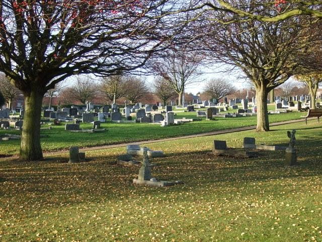 Rows of graves under bare trees in autumn