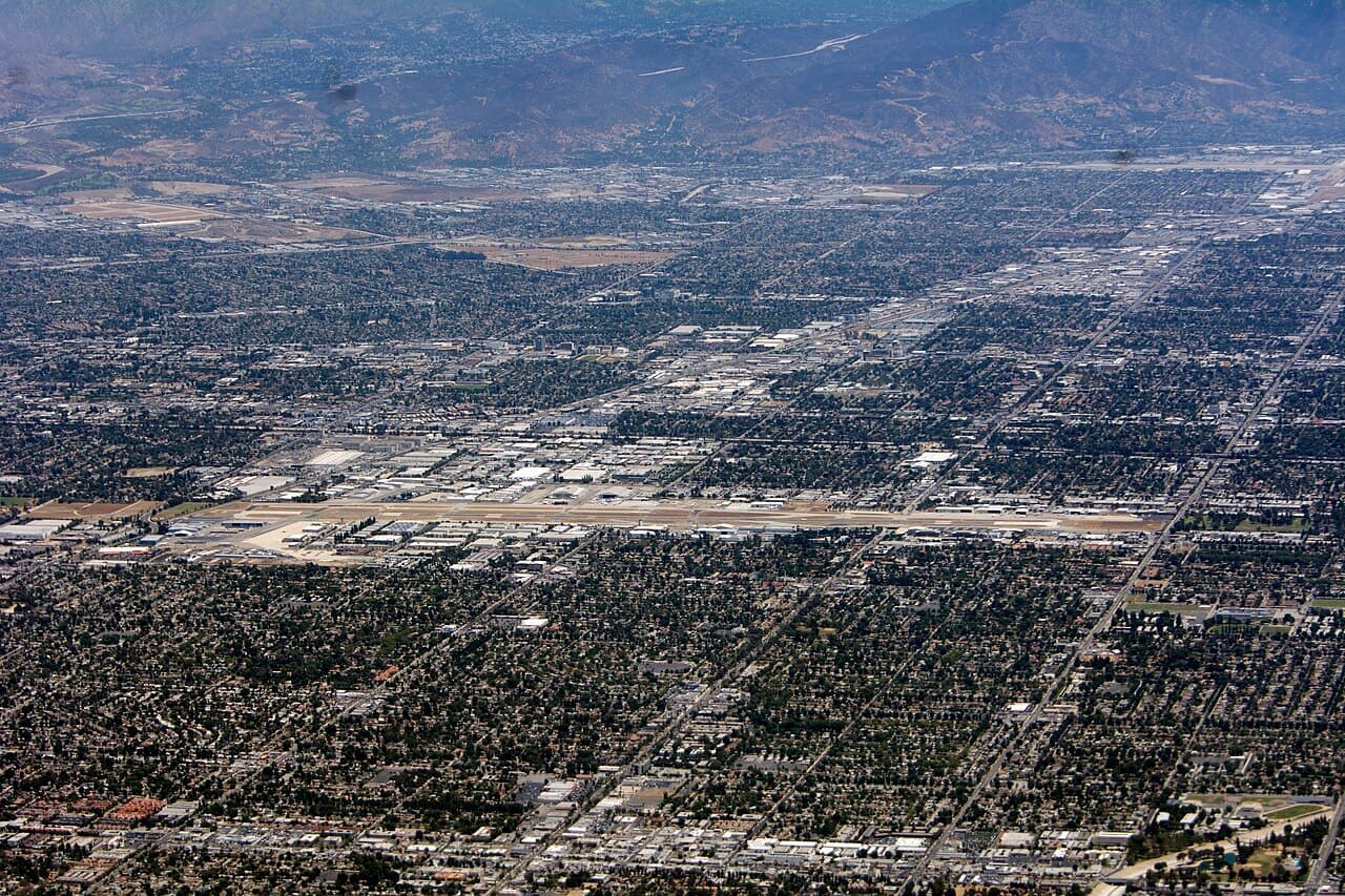 Aerial view of Van Nuys Airport and surrounding city in July 2015