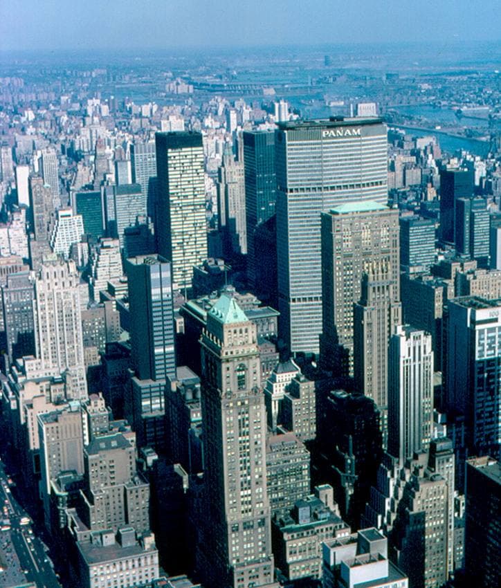 A 1960s view over Manhattan towers to the broad slab of the Pan Am Building