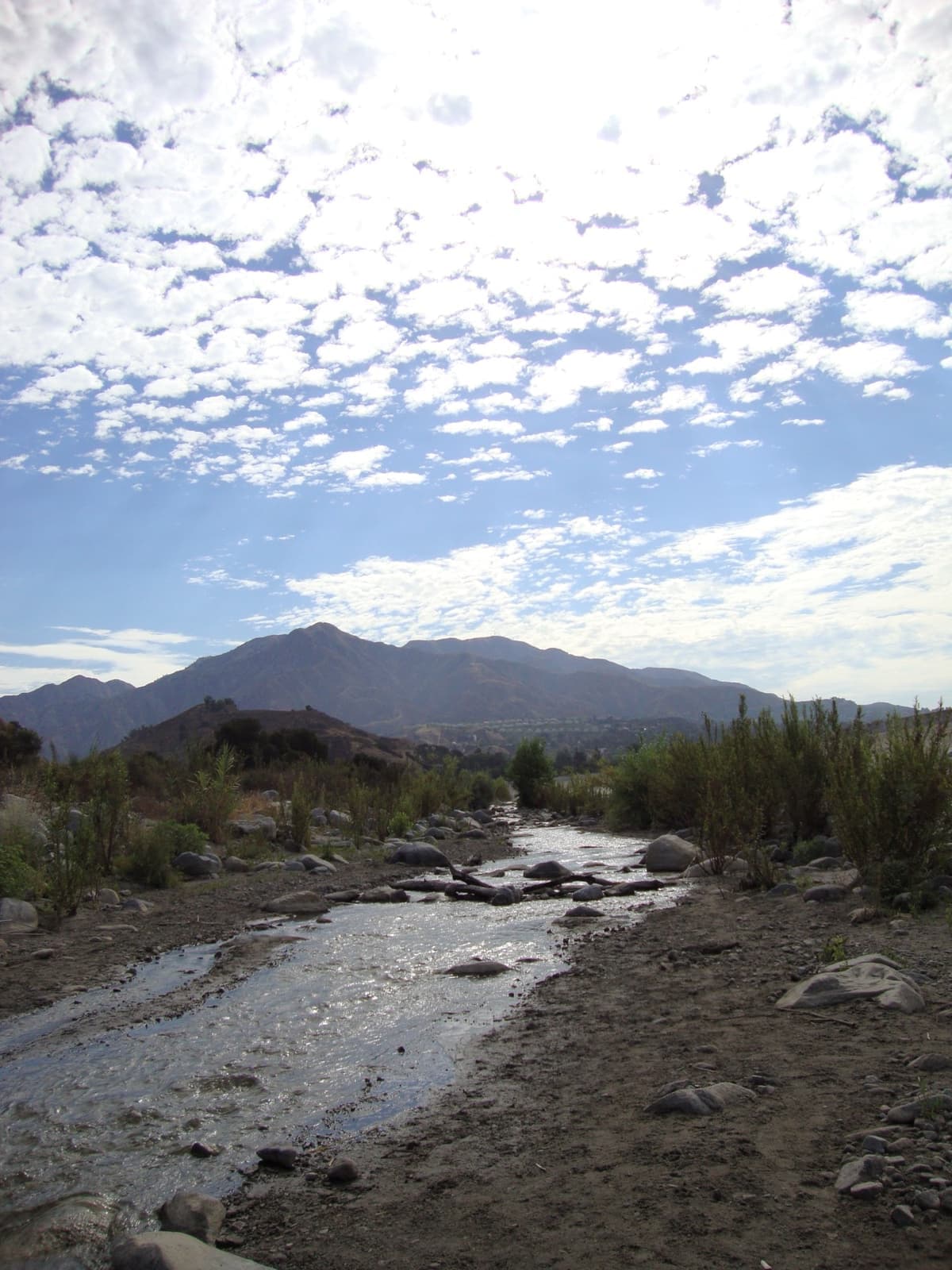 A stony, mostly dry riverbed with mountains behind
