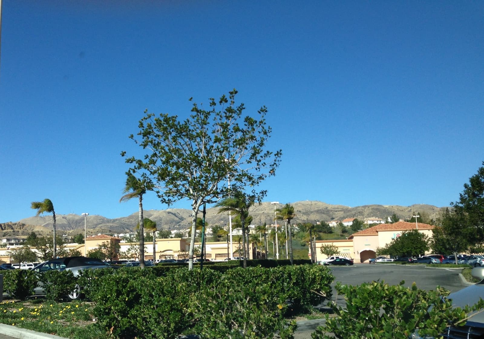 A low suburban skyline of red-tiled roofs and trees below bare brown hills, under a deep blue sky
