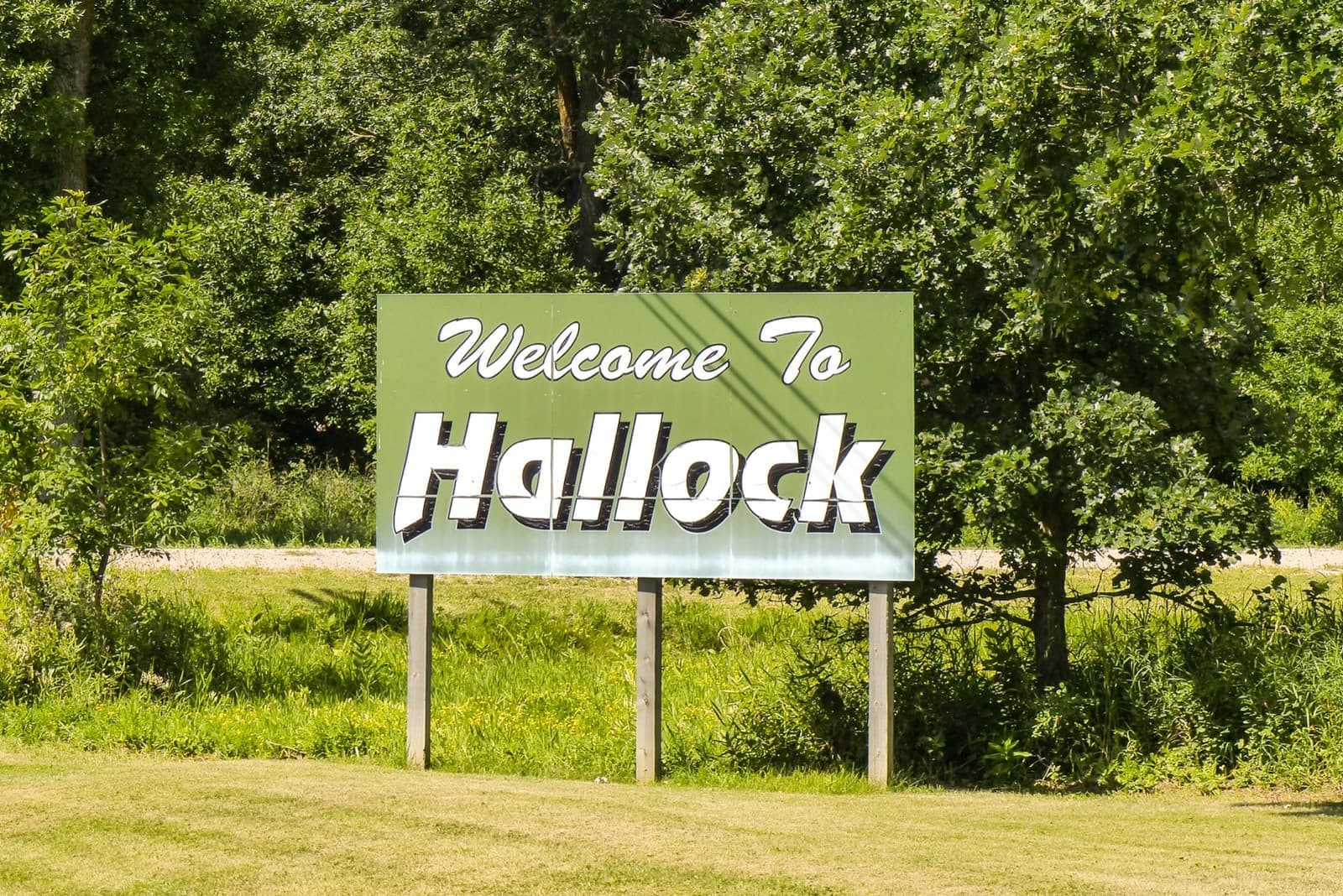 A green Welcome to Hallock sign on a grass verge