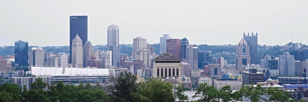 Downtown Pittsburgh’s towers across the river, seen over trees from a hilltop