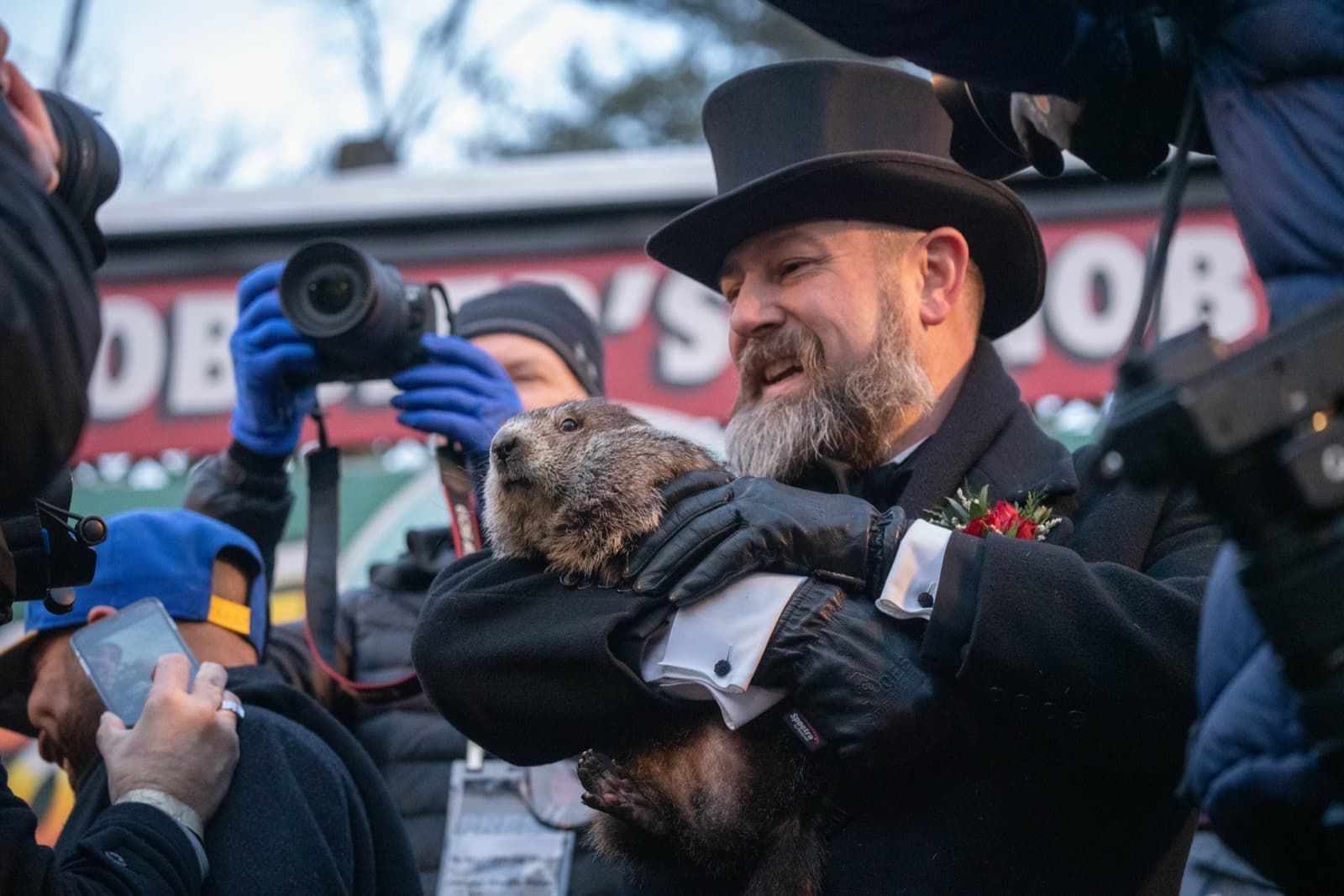 A man in a top hat holds a groundhog high against a pale dawn sky