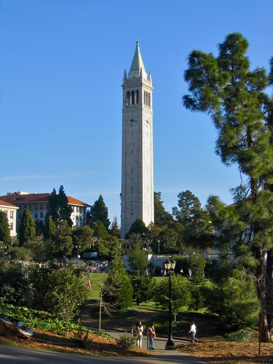 A tall stone clock tower rising above trees