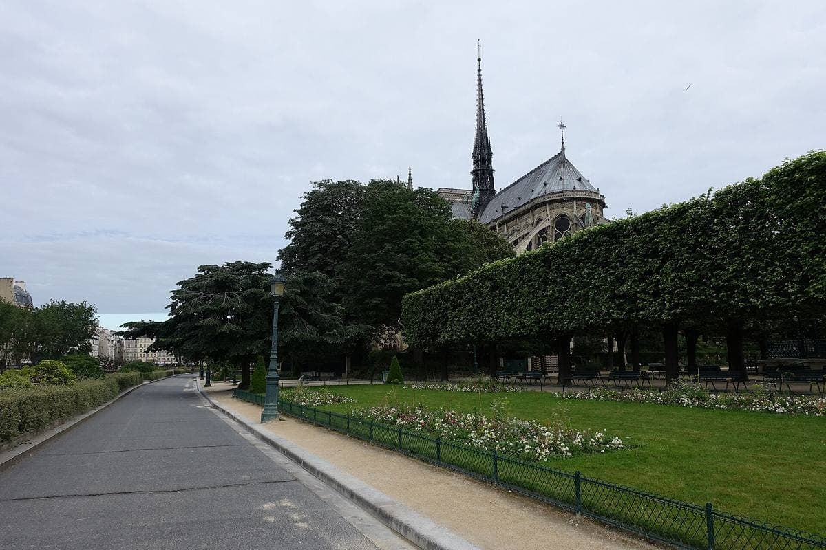 A tree-lined garden path with clipped hedges and lawns, Notre-Dame’s spire rising behind