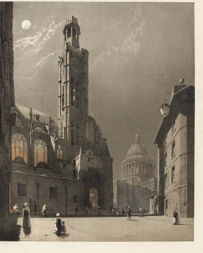 A moonlit lithograph of the church tower of Saint-Étienne-du-Mont with the dome of the Panthéon behind and a few figures in the square