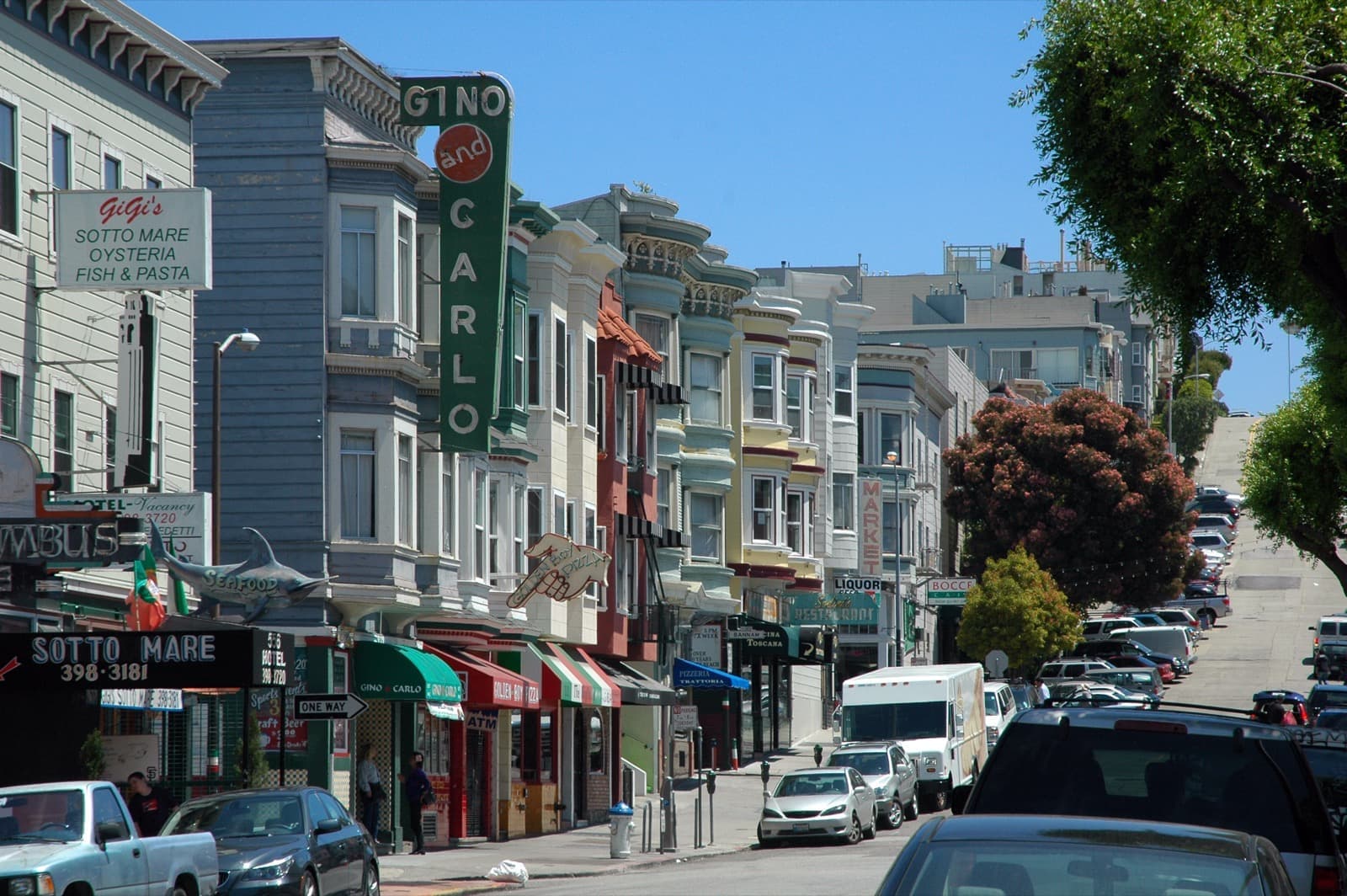 Green Street in North Beach with Italian restaurant signs and painted flats