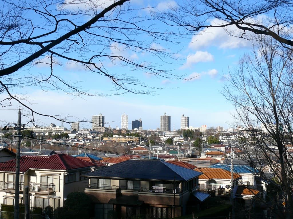 The town of Tokorozawa seen across the plain from Hachikokuyama.