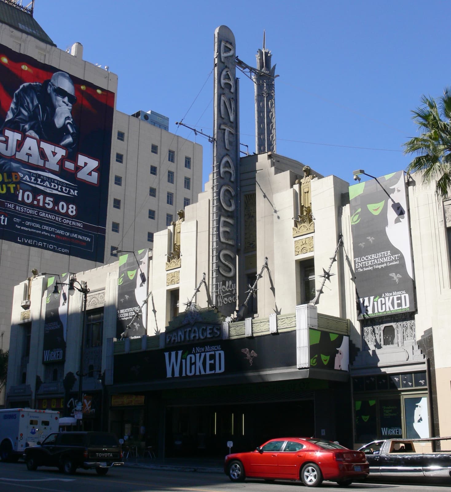 The art deco front and vertical sign of the Pantages Theatre