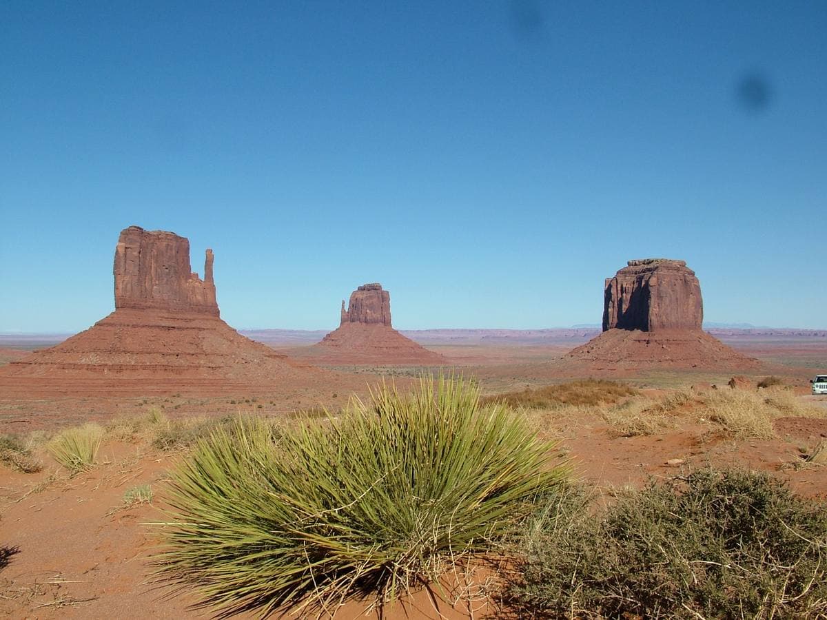 Two red sandstone buttes and a third flat-topped one rising from a red plain with yucca in front