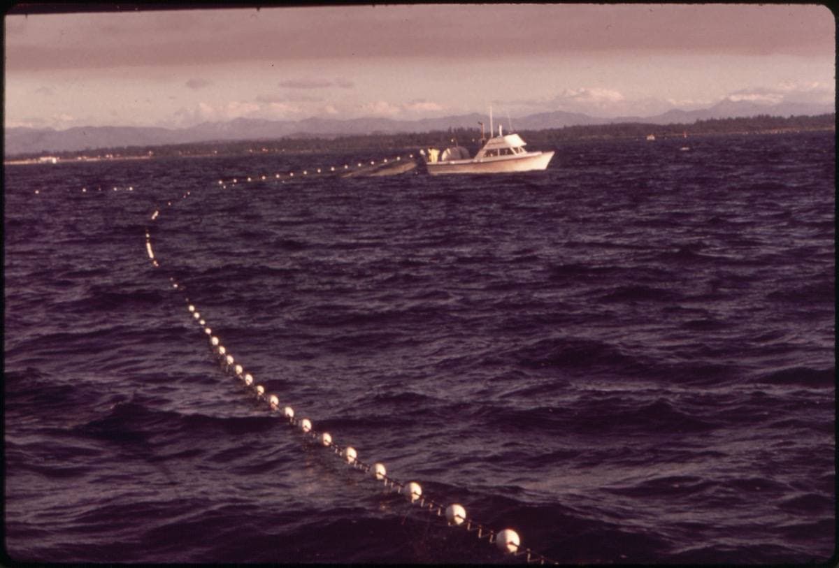 Depoe Bay on the Oregon coast in 1972: the small harbour, boats and the highway bridge