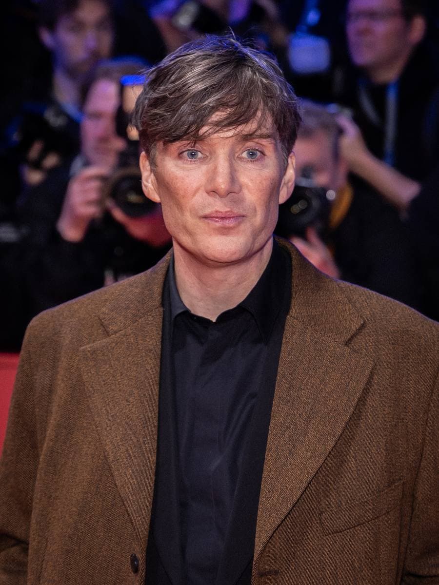Colour photograph of a man with short dark hair in a brown tweed jacket on a red carpet, photographers behind him