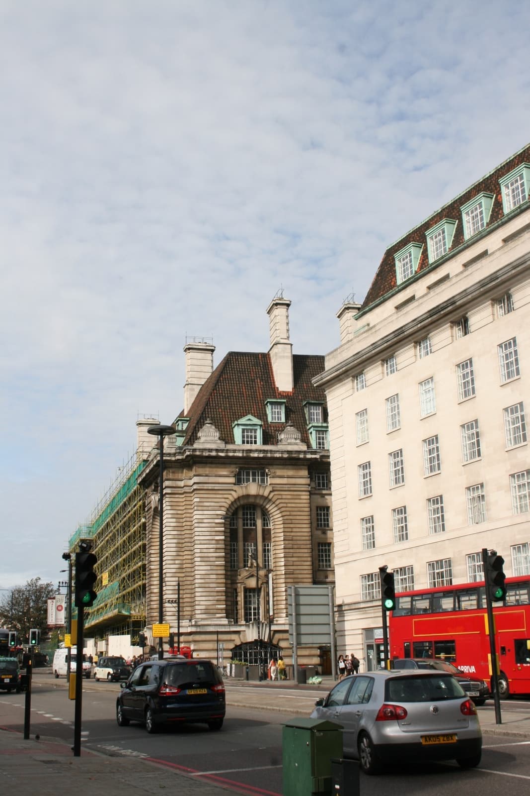 The pale stone bulk of County Hall seen from Westminster Bridge Road