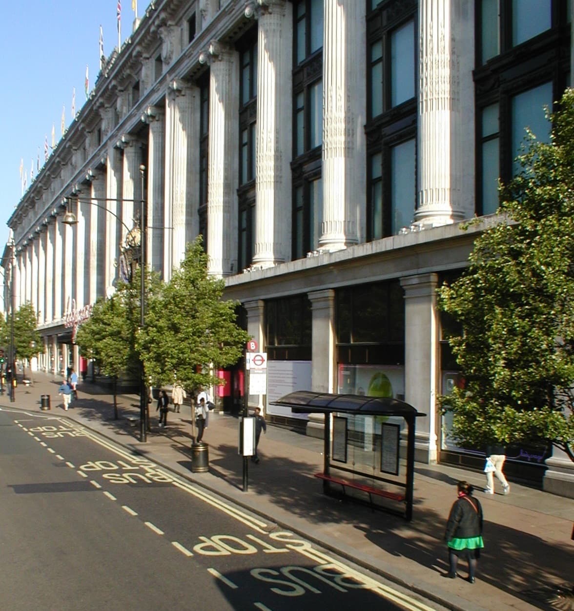 The columned stone front of Selfridges on Oxford Street