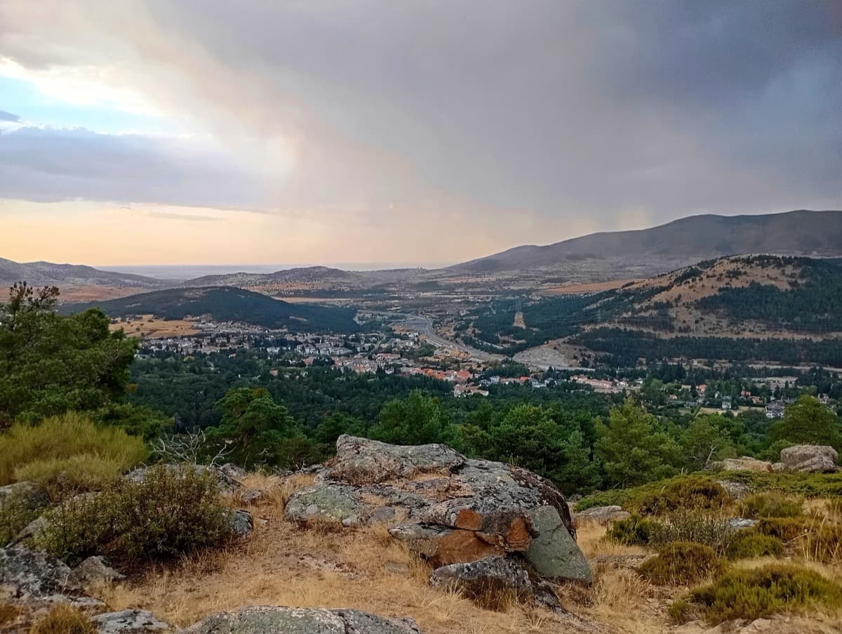Rooftops of San Rafael among pines under a stormy evening sky