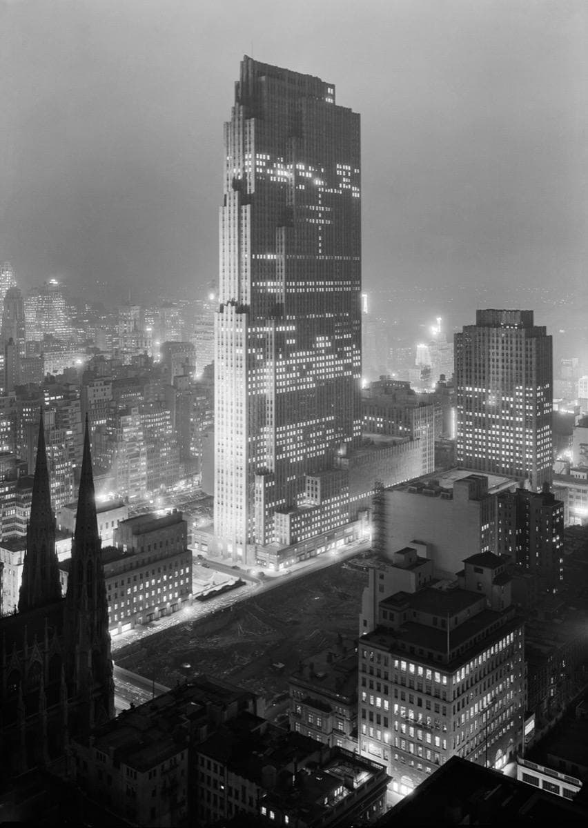 Rockefeller Center's central tower in December 1933, black and white