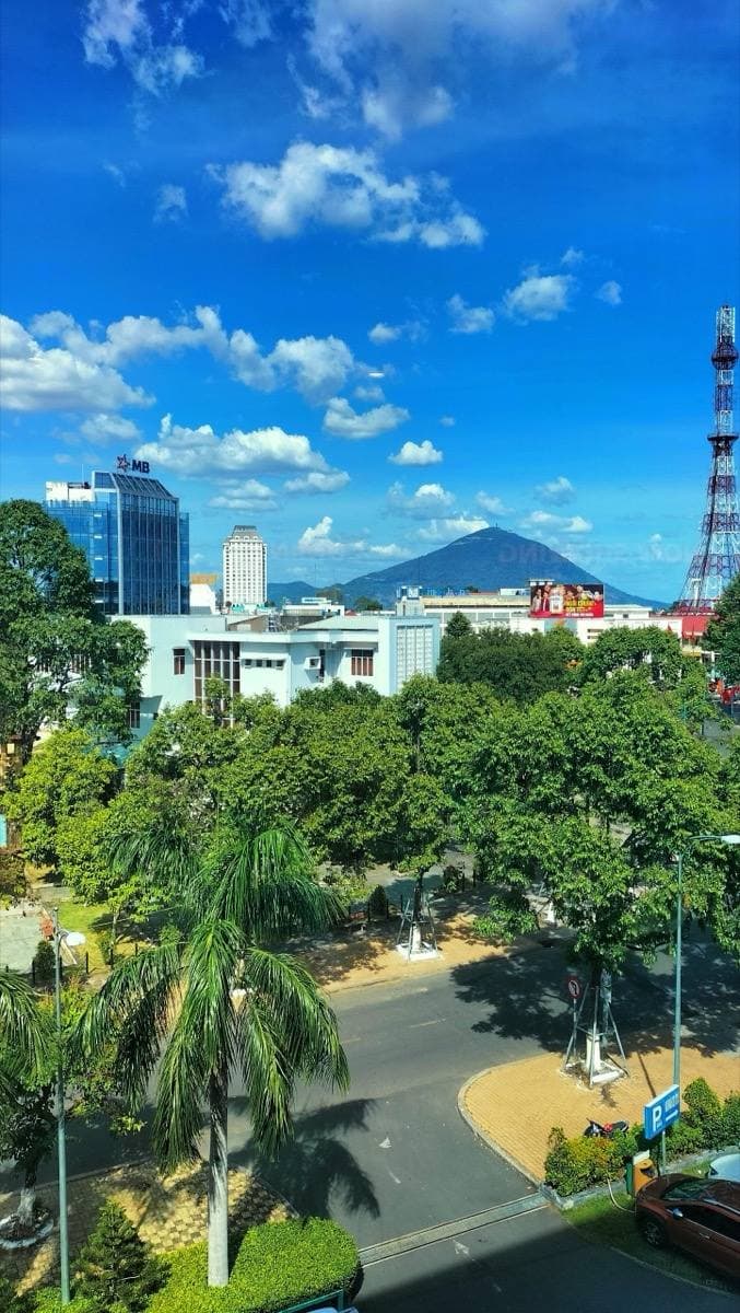 A city skyline with a single mountain rising behind it