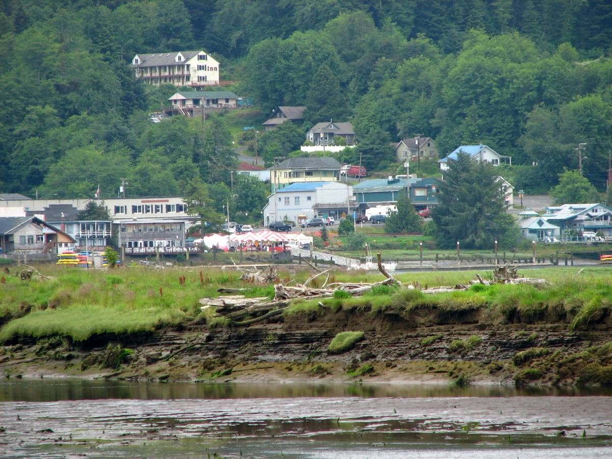 A small town of white buildings on a wooded hillside above a tidal river