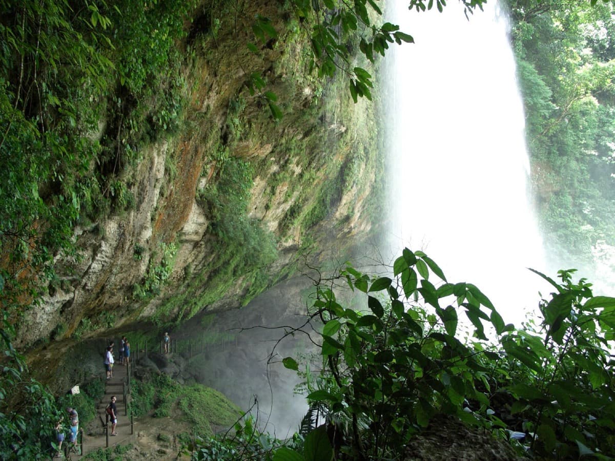 A tall waterfall dropping into a round green pool.