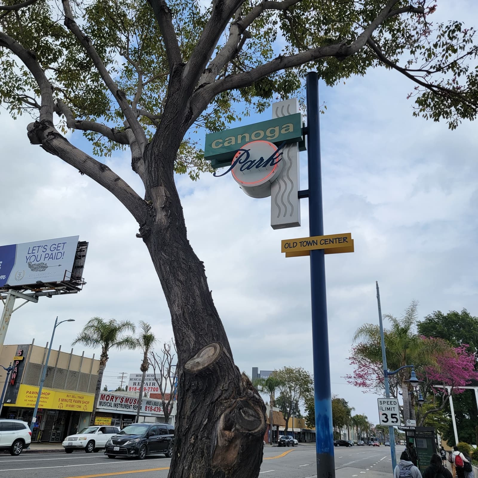 A street sign reading Canoga Park beside a tree