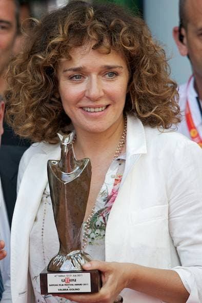 Valeria Golino smiling, dark hair pulled back