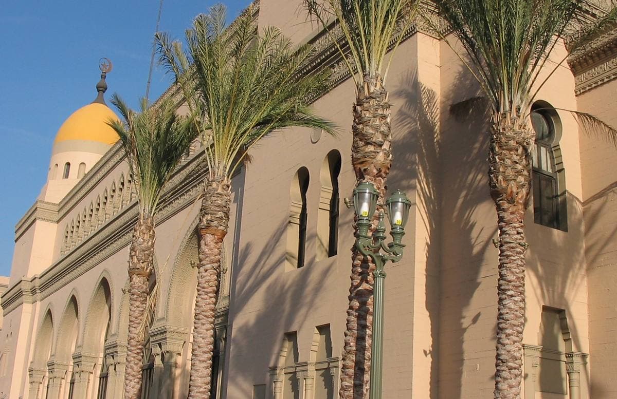 The domed Moorish-style front of the Shrine Auditorium