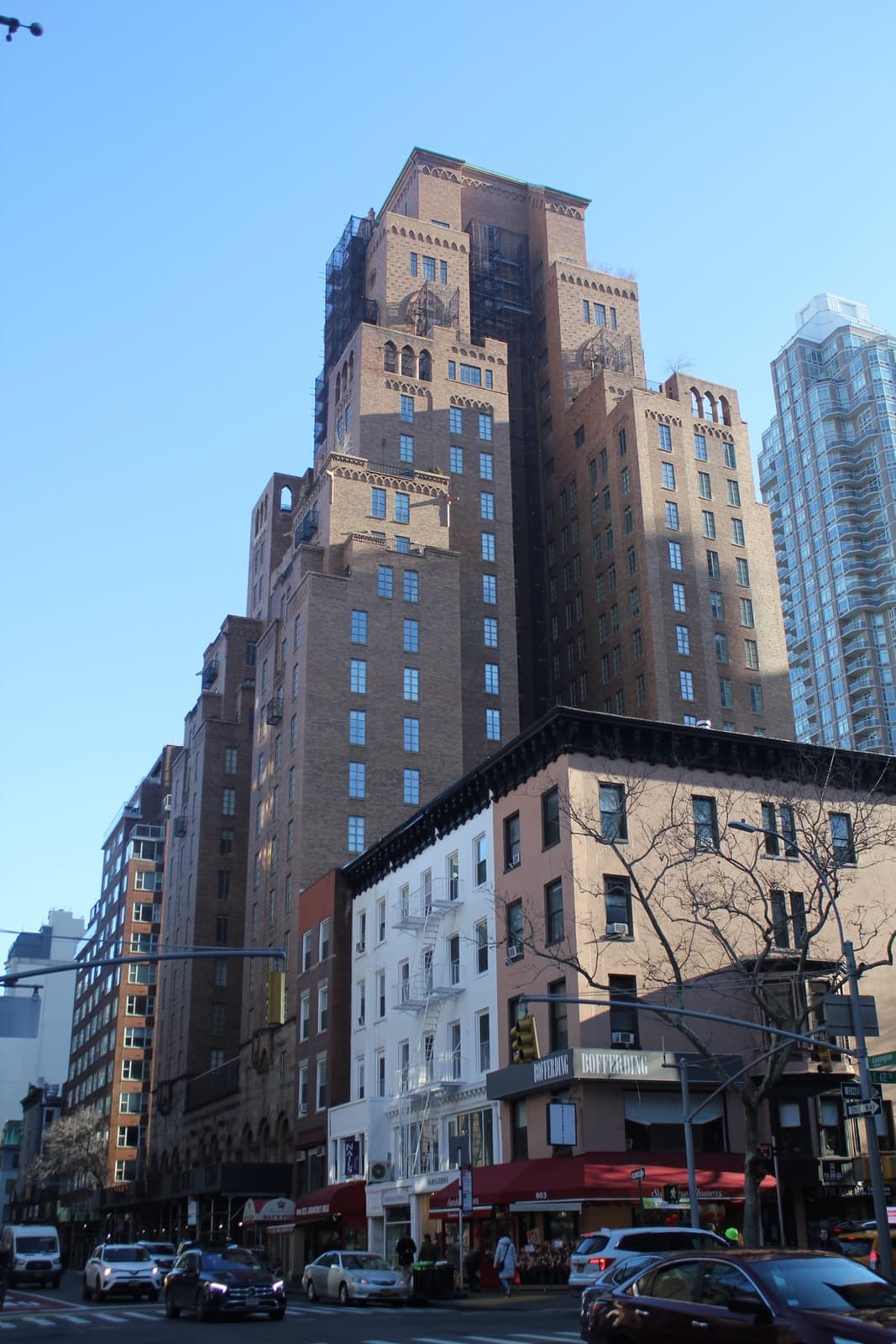 A tall brick tower with arched upper windows at 63rd Street and Lexington Avenue