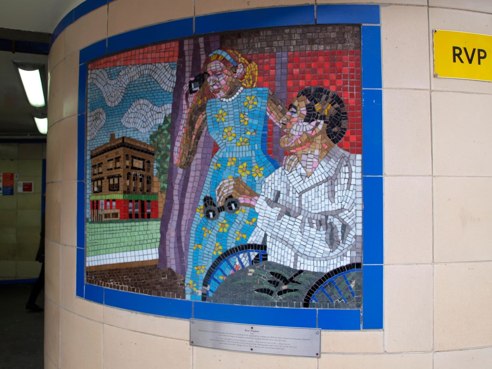 A mosaic of Grace Kelly standing behind James Stewart, who holds binoculars, a brick apartment block behind them