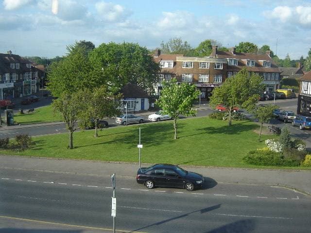 A small village green in front of a parade of shops