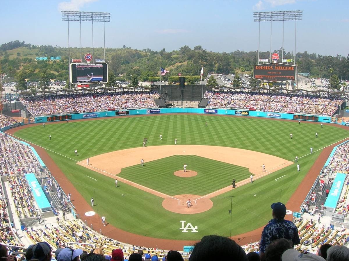 Dodger Stadium’s stands and field in sunshine