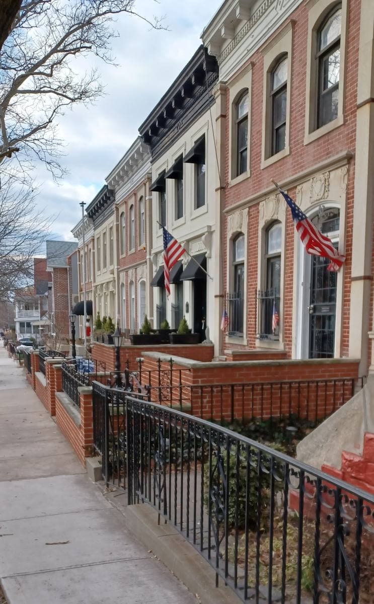 A tree-lined Bay Ridge side street with brick houses and parked cars