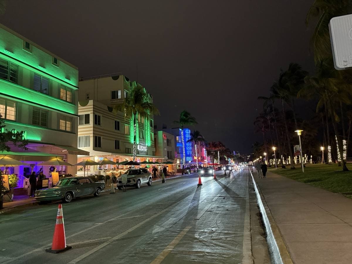 Ocean Drive at night, hotels lit green, pink and blue along the left, palms on the right