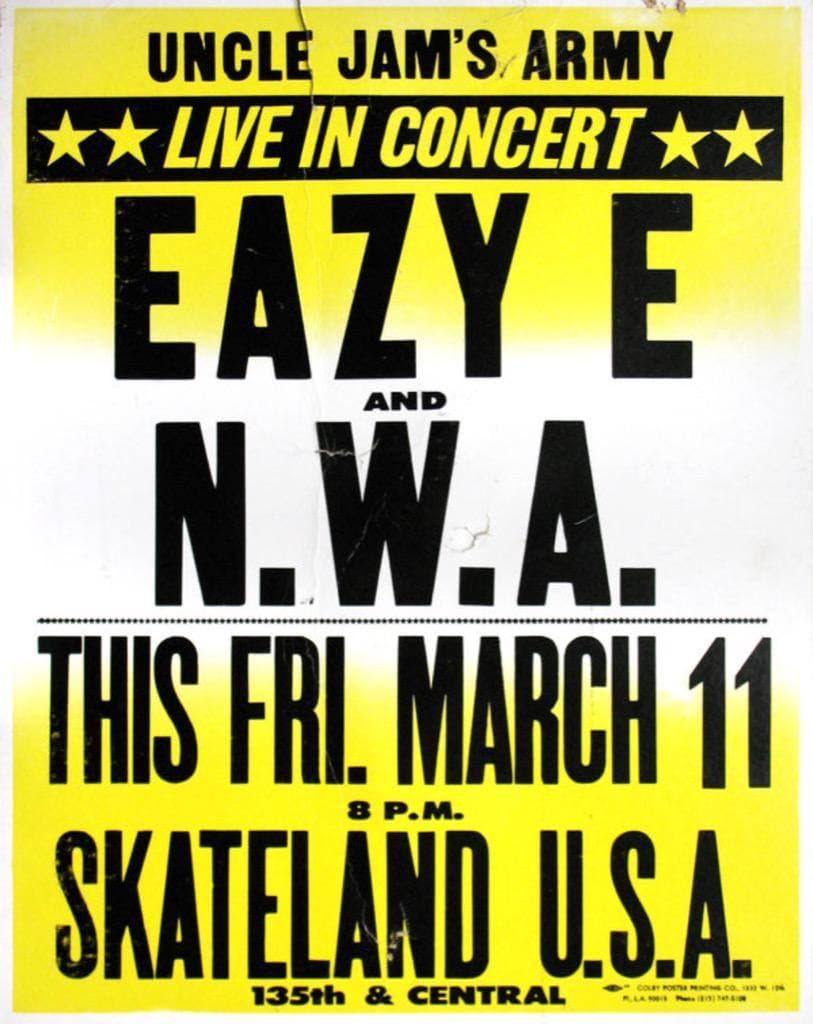 A yellow and black block-letter concert poster announcing Eazy E and N.W.A at Skateland U.S.A., 135th and Central