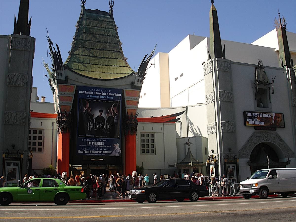 The pagoda front of Grauman’s Chinese Theatre with crowds and a green taxi
