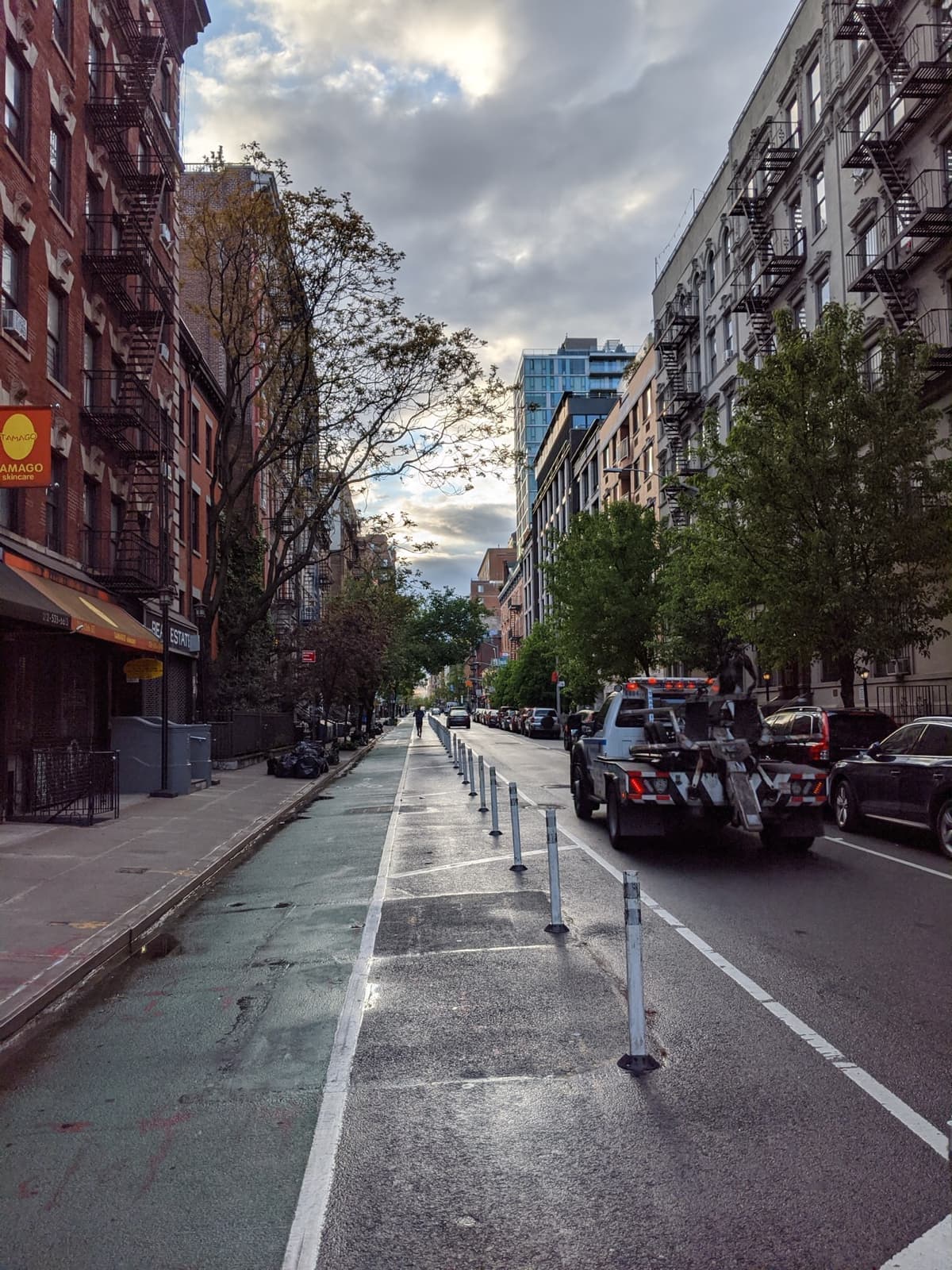 A tree-lined East Village street of brick walk-ups, with a cycle lane