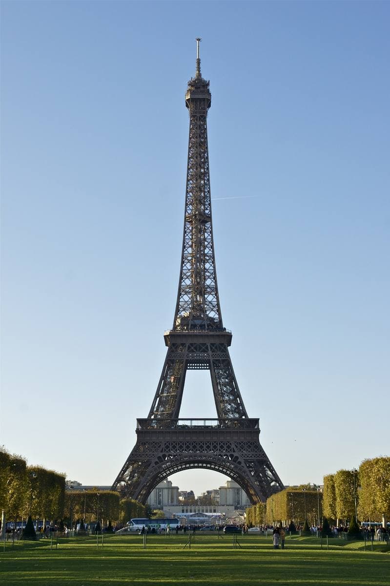 The Eiffel Tower seen from the end of a long lawn